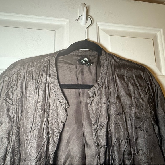 Eileen Fisher Brown 100% Silk Crinkle Open Cardigan Blazer Large Pockets - Picture 2 of 6